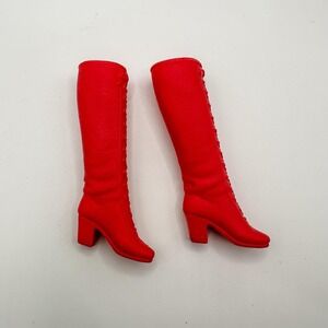 Pair 1970 Vintage Barbie Red Lace Up Knee High Squishy Boots Korea